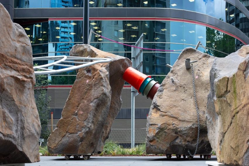 Mike Hewson's giant boulders on wheels for a "risk play" space in Melbourne