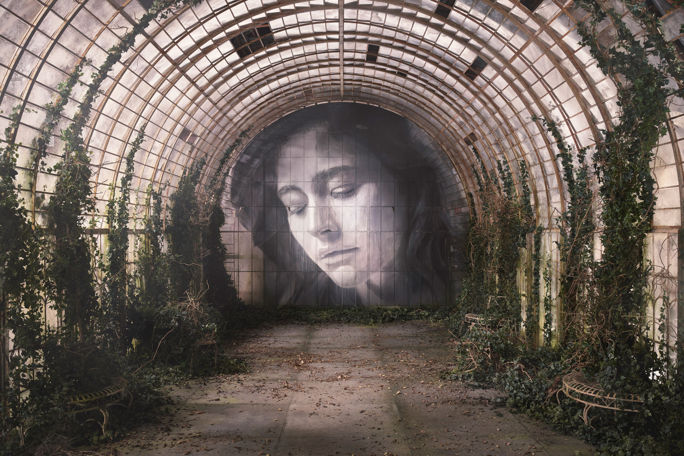 Arched glass house at the Time exhibition by Rone