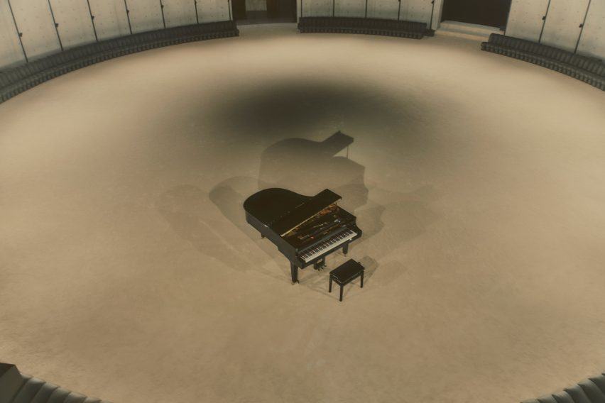 Interior image of a piano at the Saint Laurent show
