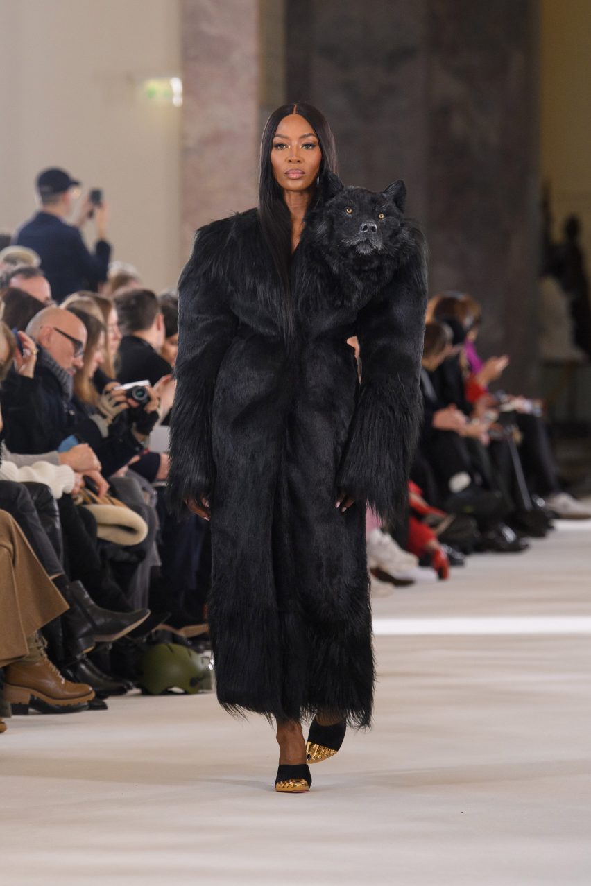 Naomi Campbell pictured wearing a faux wolf fur coat at Schiaparelli