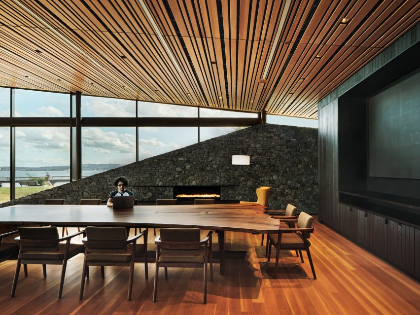 Large wooden table in The Prow meeting space