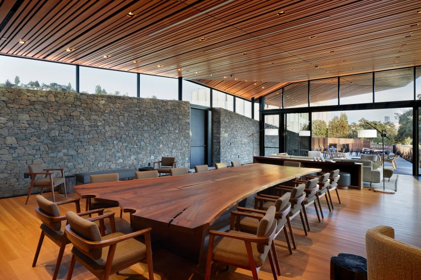 Wooden interior of The Prow meeting space for Expedia Group