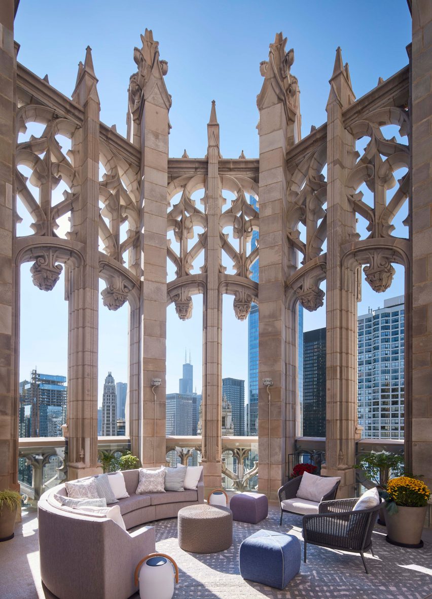 Seating area in the crown of the Tribune Tower