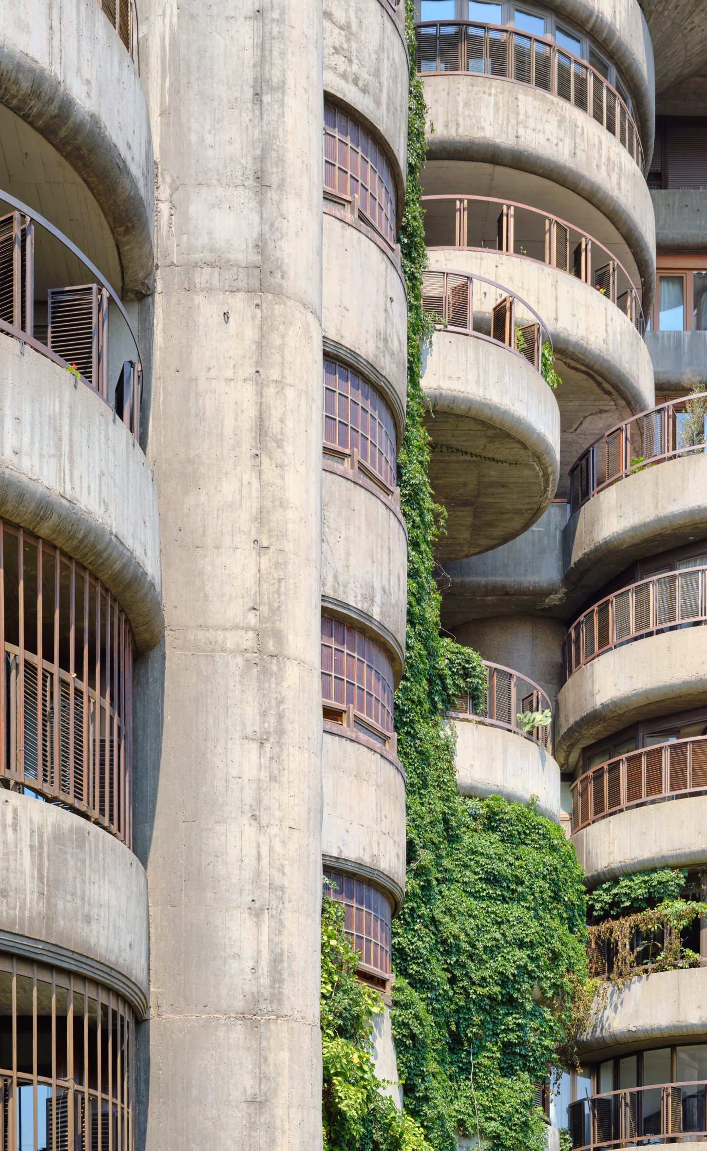 The cylindrical facade of Torres Blancas, a brutalist high-rise in Madrid