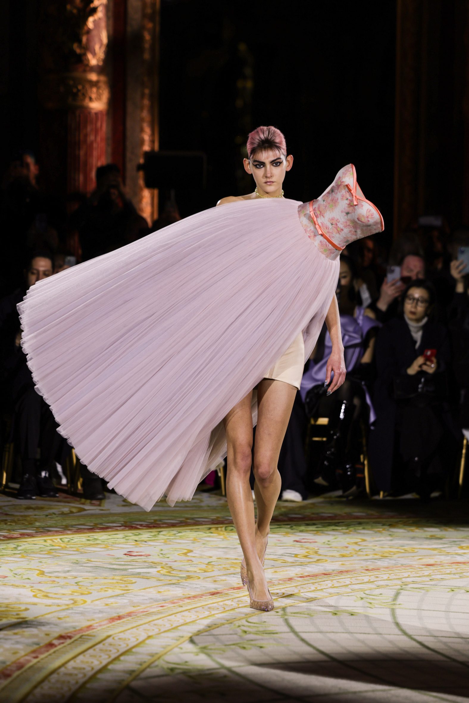 Lilac Viktor & Rolf gown arranged at an angle on model's body