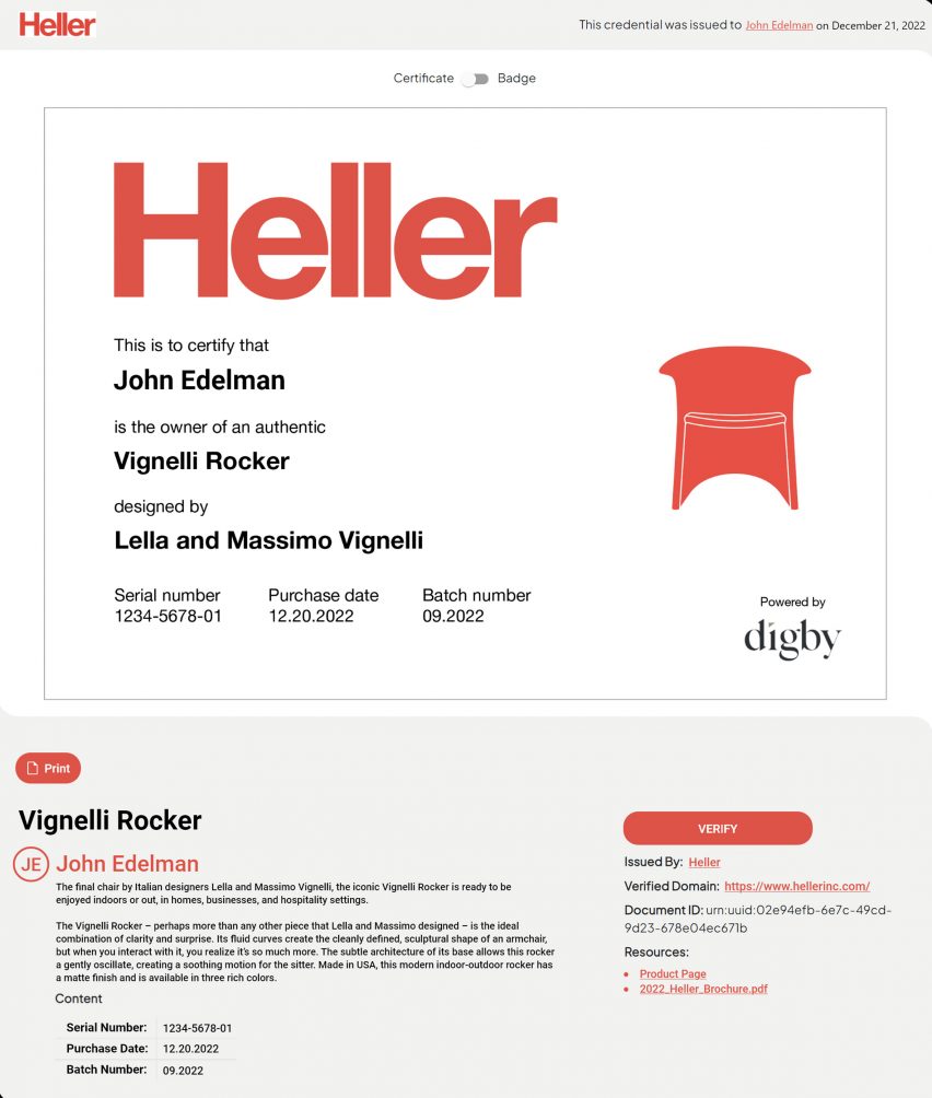 Certificado Digby Design Authenticator para la mecedora Heller's Vignelli