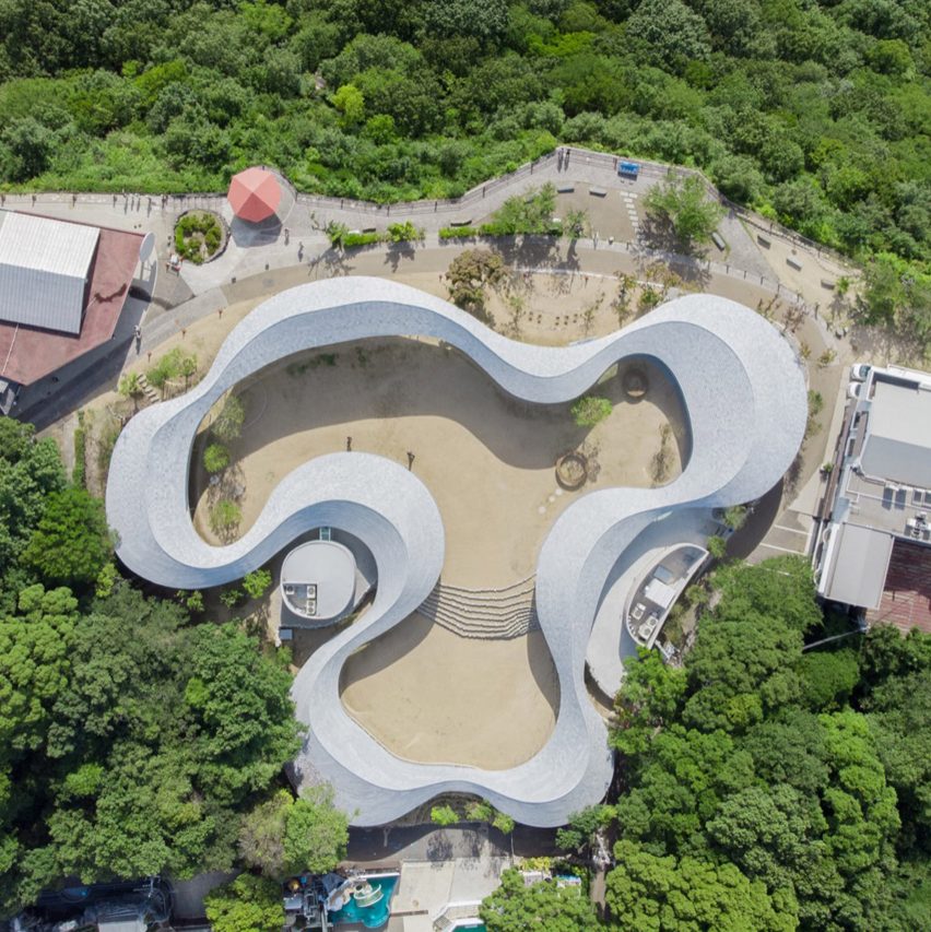 Aerial view of Yashima Mountaintop Park winding walkway in Japan by SUO