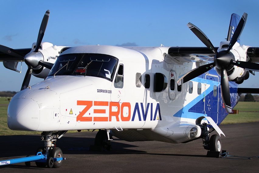 Photo of the front of a turboprop plane with ZeroAvia branding on the side sitting on tarmac