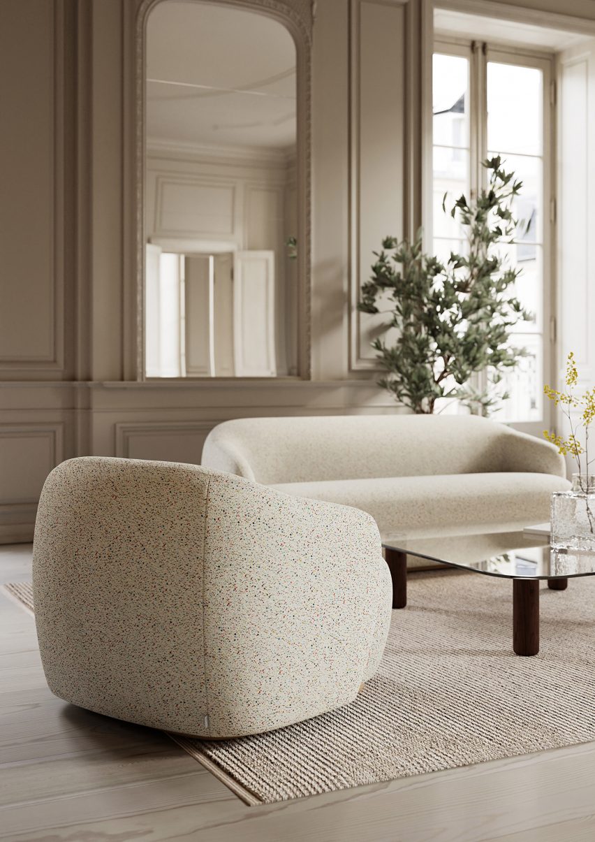 Photograph of a white armchair designed by Fogia in a living room