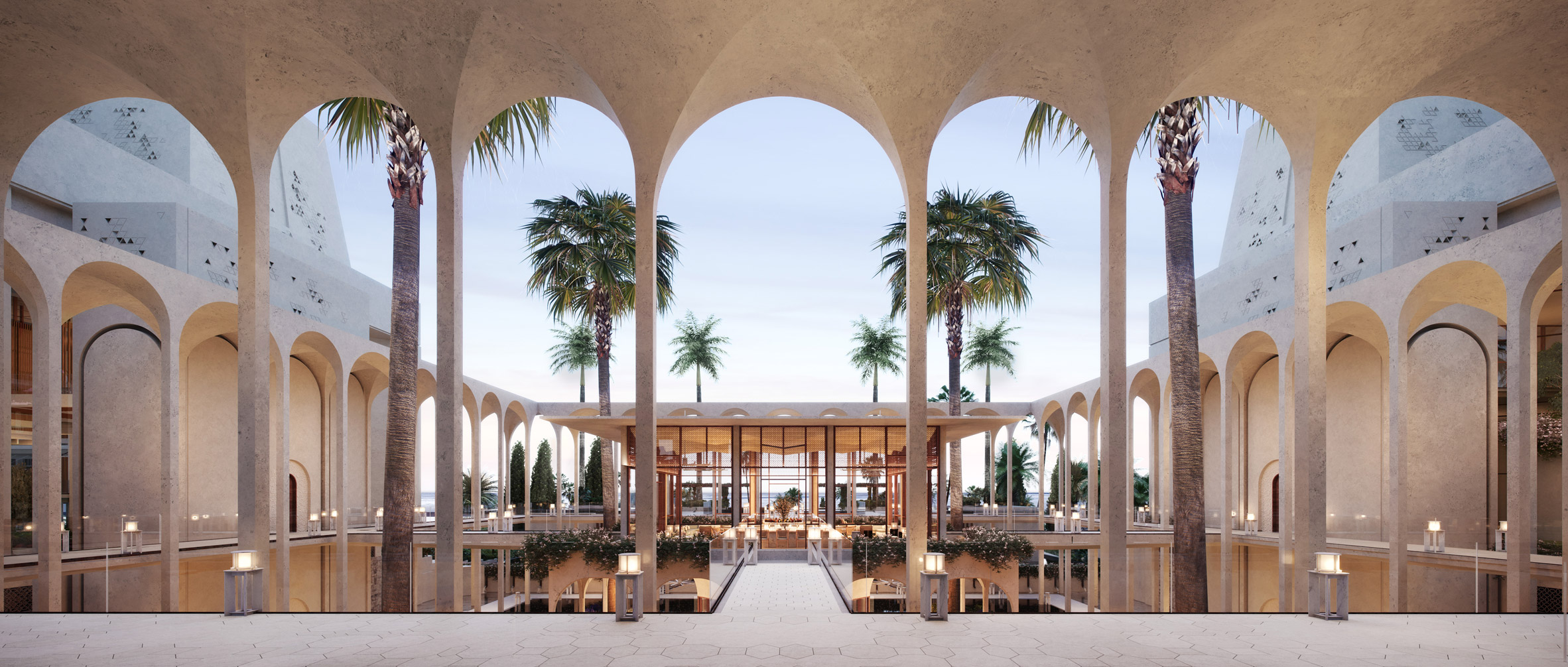 Courtyard view at Clinique La Prairie resort in Saudi Arabia