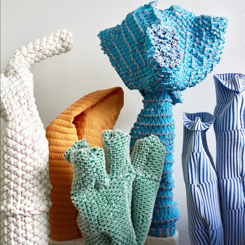 Four colorful contemporary textile sculptures