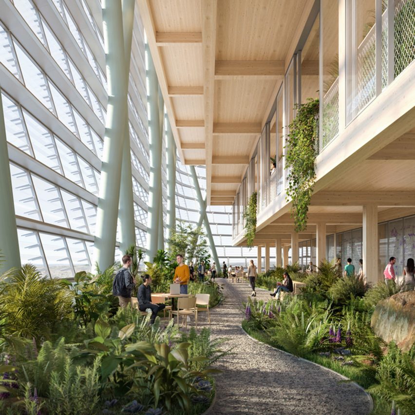 Render of office building with plants insidde