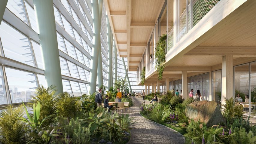 Representation of an office building full of plants and bushes