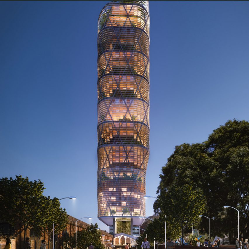Render of a glass tower at night