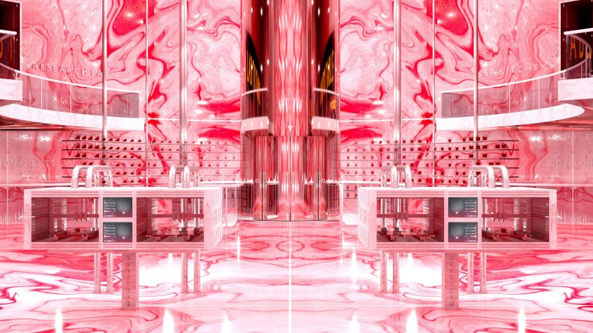 visualisation of meat-free lab with pink marbled walls
