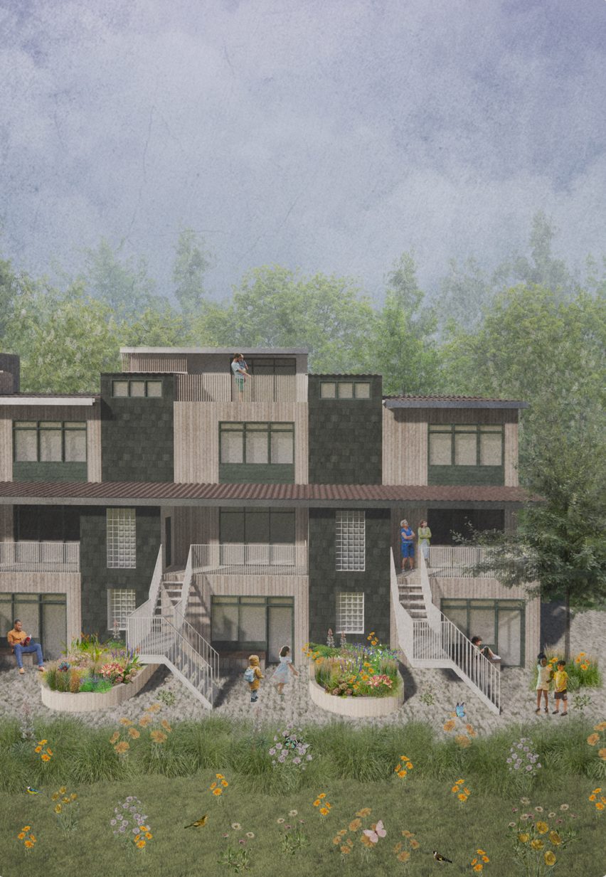 Render of a flats with children playing in the community gardens