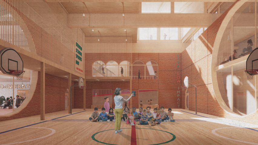 Render of a group of children sitting inside a sports hall as part of the Re-Housing Manchester project