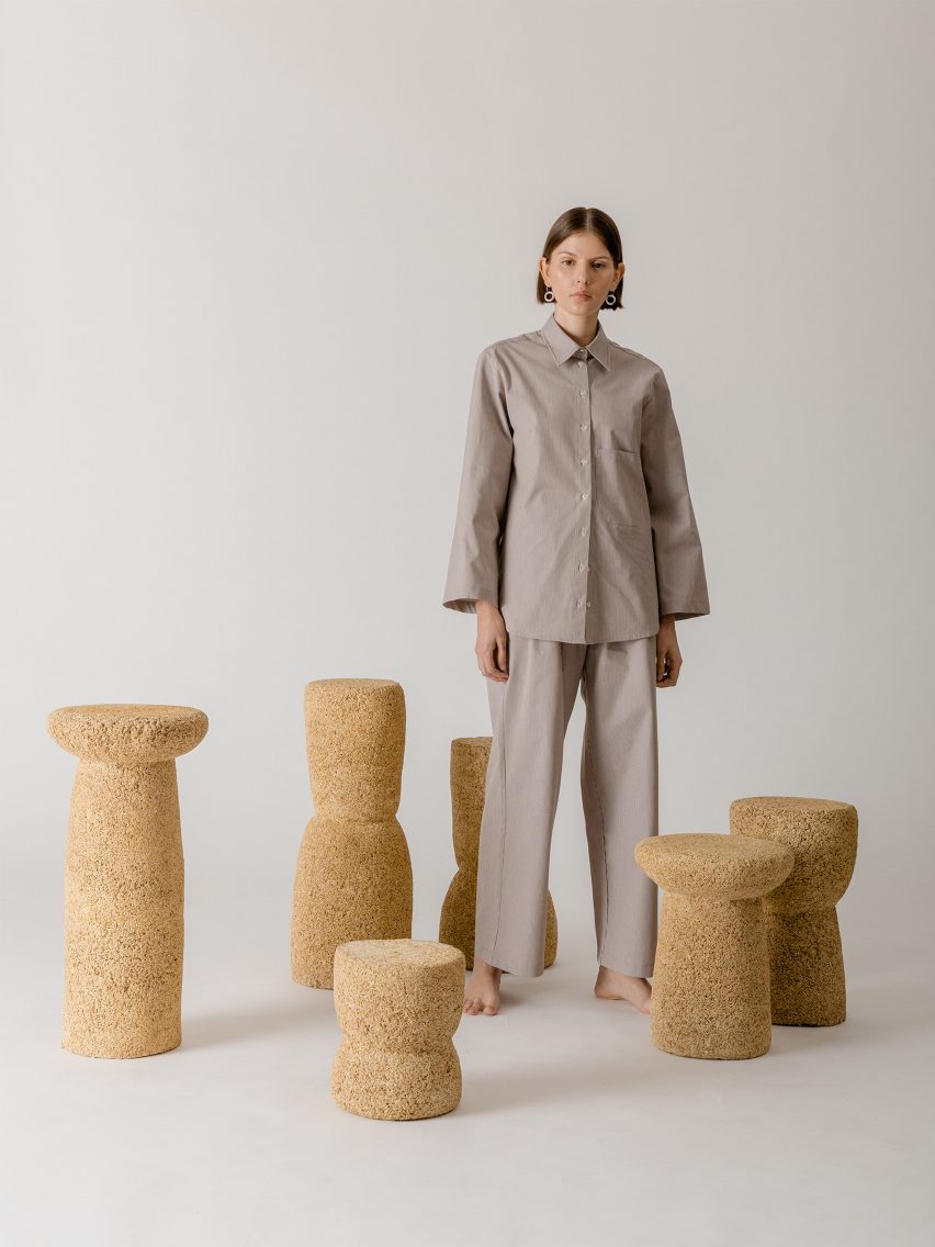Designer Hannah Segerkrantz standing next to her hemp stools