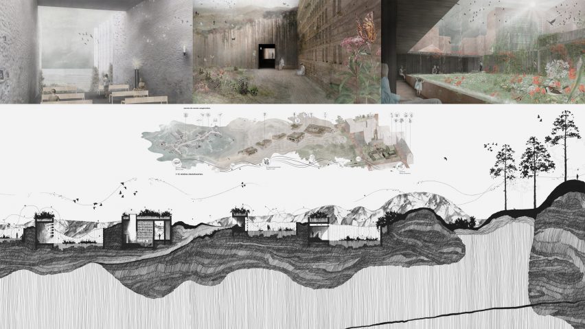 Collage of drawings and visualisations showing landscape typologies