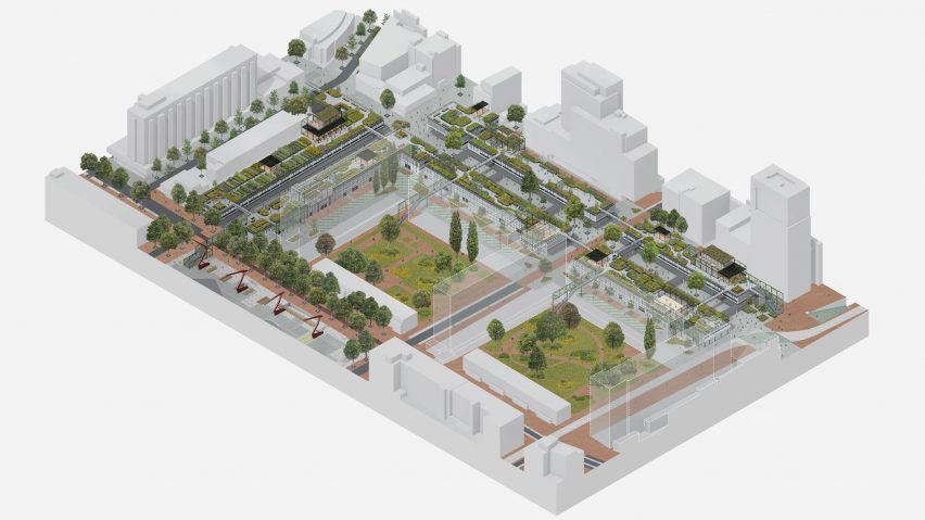 Axonometric diagramme showing urban area planning