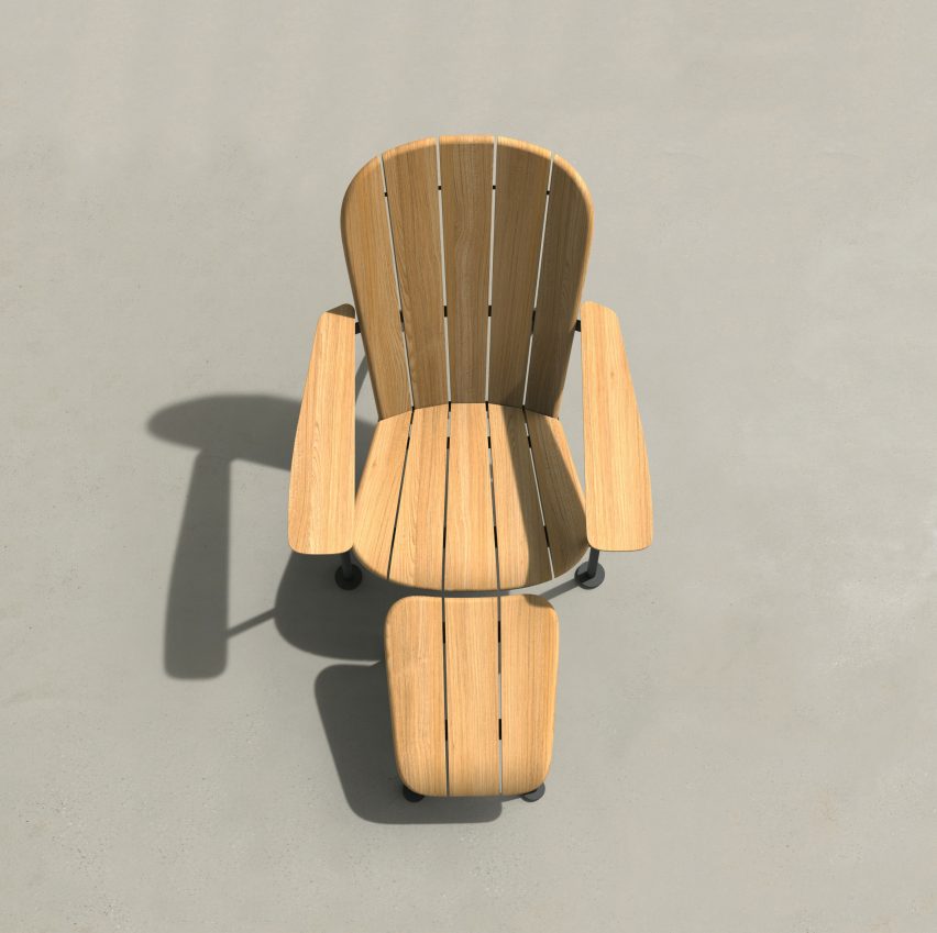 Wooden chair with foot rest in concrete area