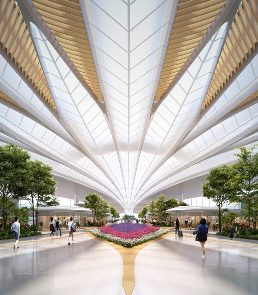 Airport hall with feather-like roof structure