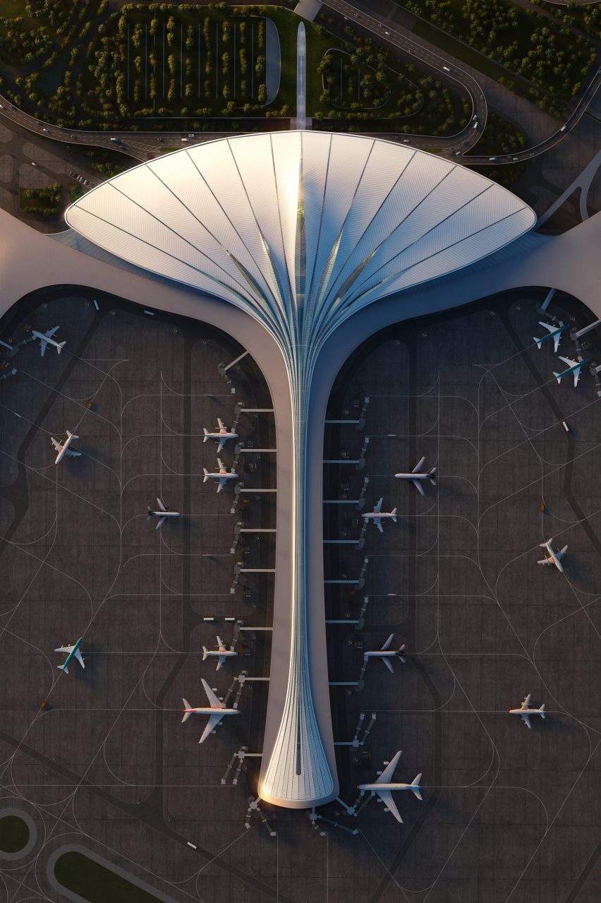 Roof view of Changchun Longjia International Airport terminal by MAD