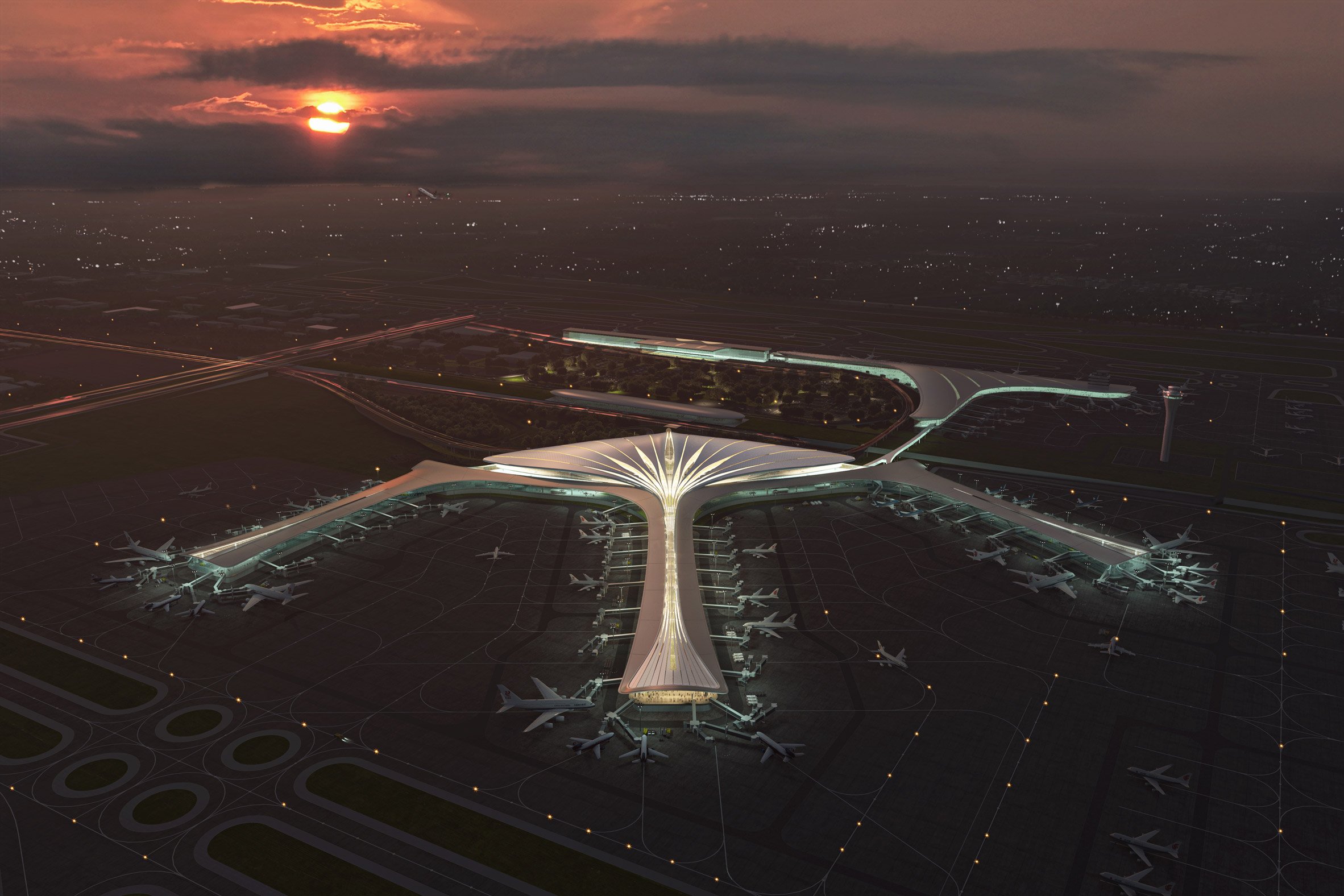 Aerial visual of feather-like airport terminal by MAD