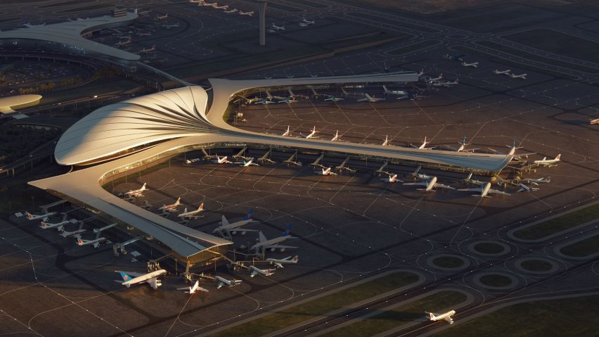 Exterior render of Terminal 3 at China's Changchun Longjia International Airport by MAD