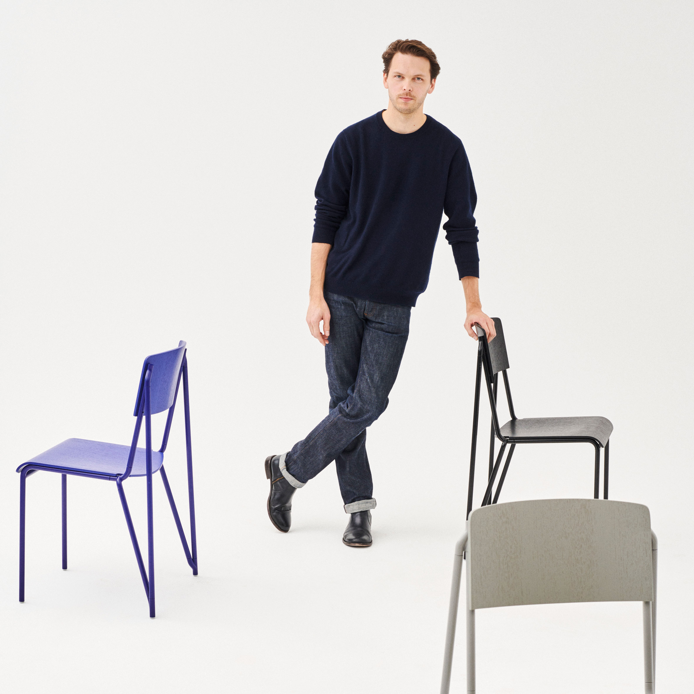 Daniel Rybakken with his Petit Standard chairs for Hay
