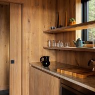 Corner of a timber-clad kitchen with a pocket sliding door, wood kitchen units and wooden shelves