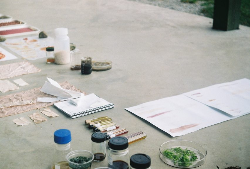 Algae-based materials laid out on concrete floor