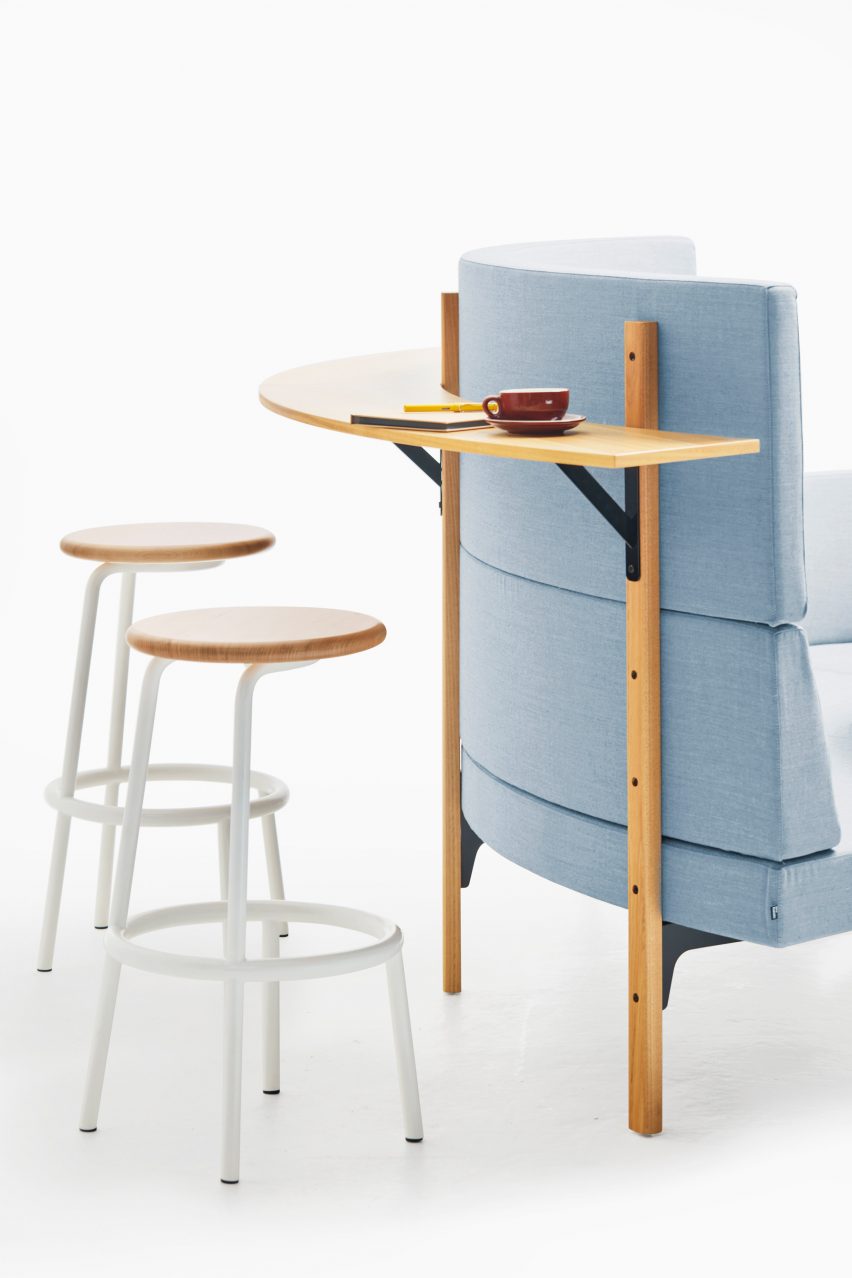 Close-up on the high seating unit with back table and bar stools in Derlot's Homework collection