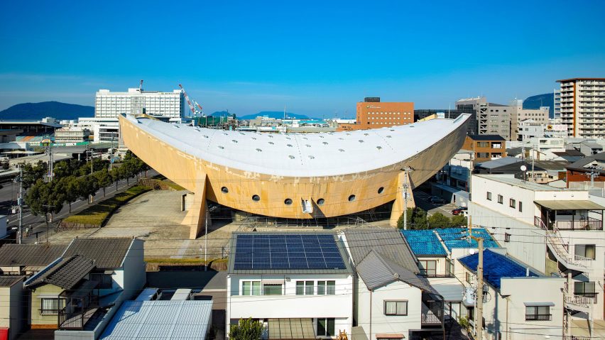 Aerial view of Kagawa Prefectural Gymnasium by Kenzo Tange in Japan