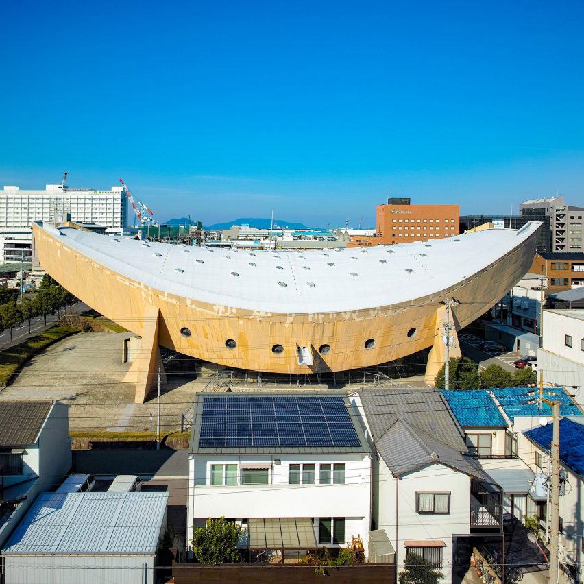 Aerial view of Kagawa Prefectural Gymnasium by Kenzo Tange in Japan