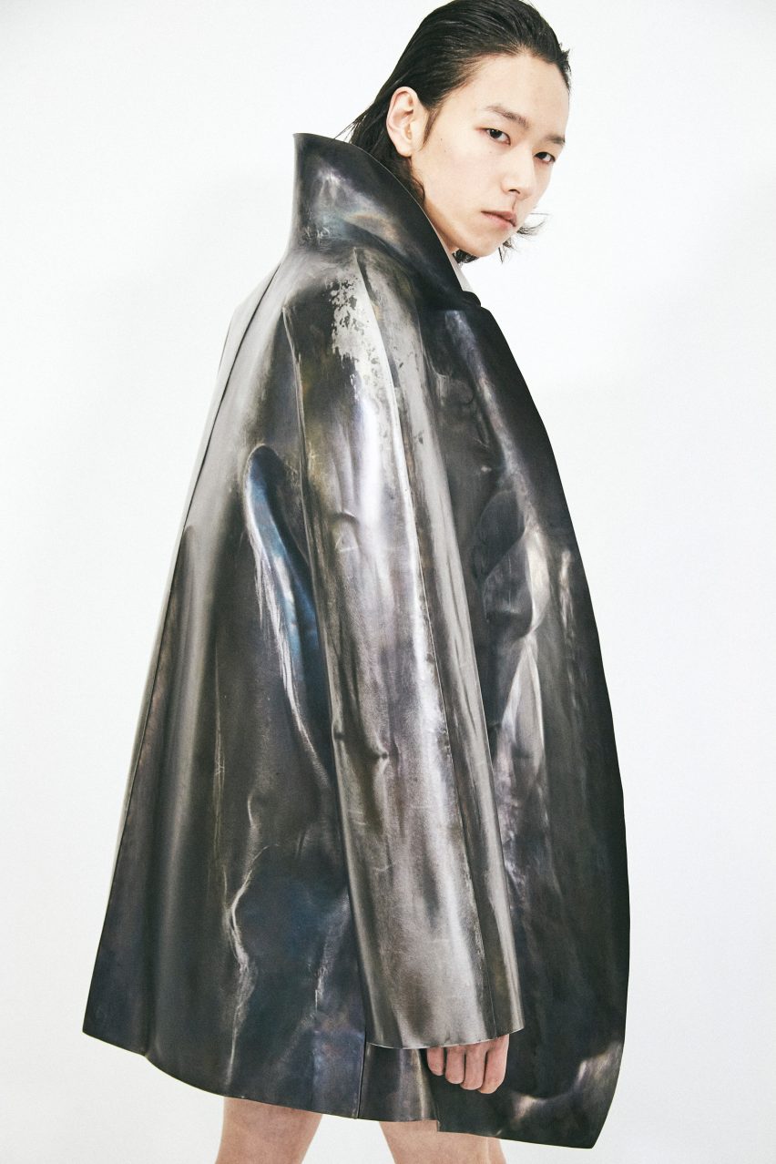 A model wearing a metal jacket at Loewe