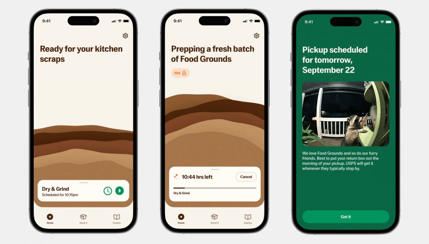 Rendering of three phone screens showing the Mill app showing how the app monitors the milling of leftovers and schedules the boxes to be picked up at members' front doors