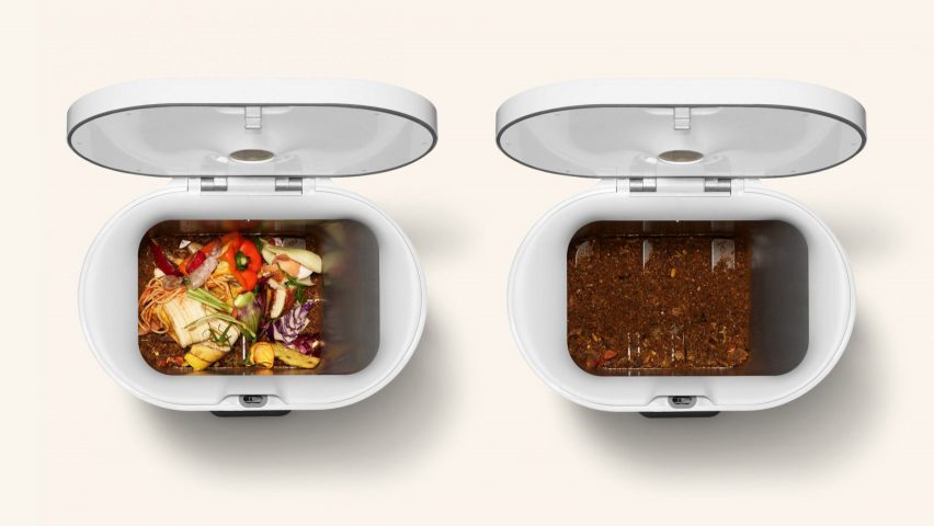 Image of two open Mill bins side by side, the first showing raw food scraps inside and the second showing the scraps dehydrated and mixed into a dry brown soil-like substance