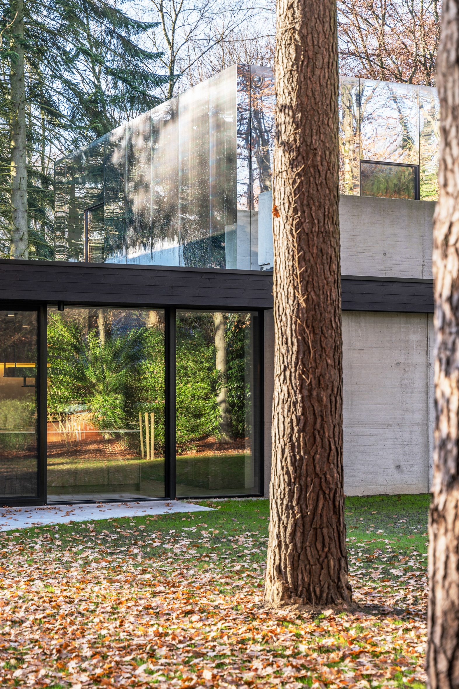 Two-storey home in a forest with a glazed ground floor and mirror-clad upper floor