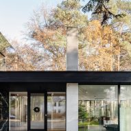One-storey home in a forest with glass facade and concrete walls