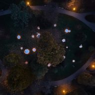Aerial photograph of mirrors glowing on ground around trees at night