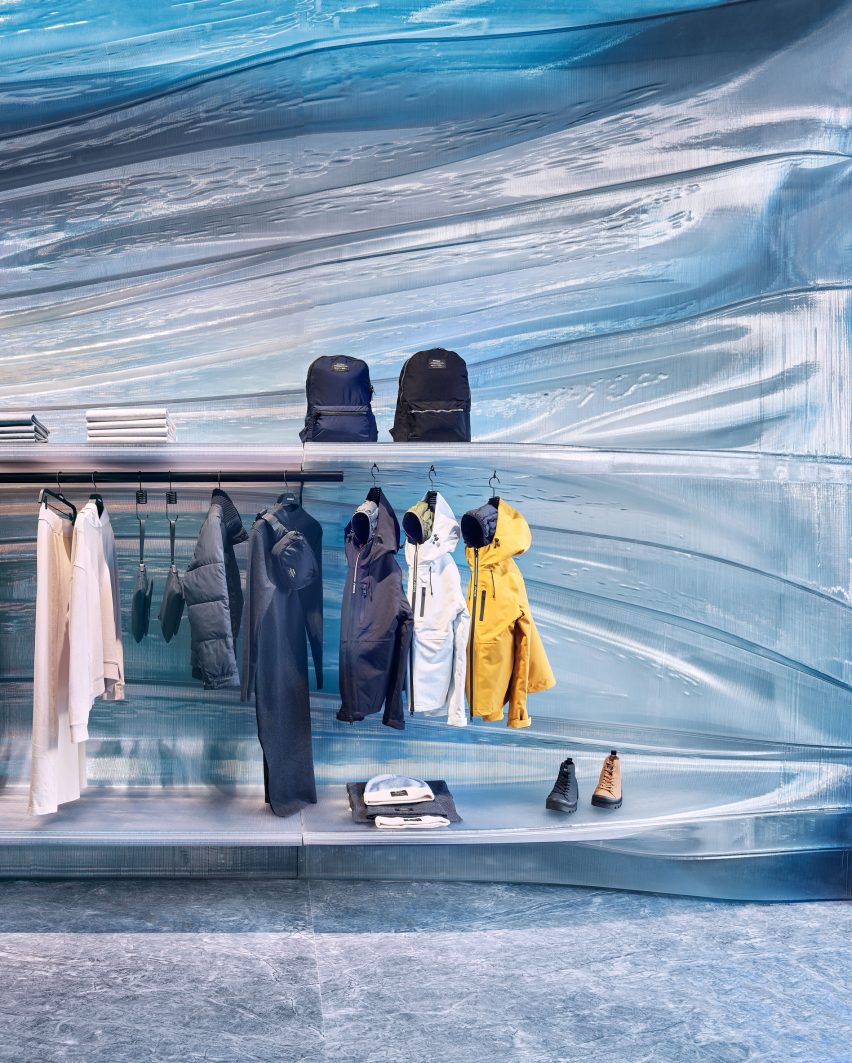 Clothes on displays 3D-printed from recycled plastic by Nagami