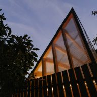 Top of a mono-pitched polycarbonate shed covered in timber battens