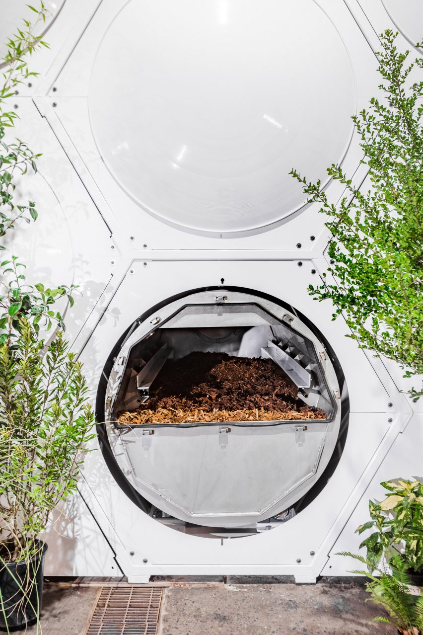Composting vessel inside Recompose facility in Seattle designed by Olson Kundig