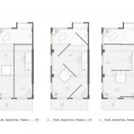 Three lower floors plans showing different rotating wall configurations in the Fishmarket studio by Ab Rogers Design
