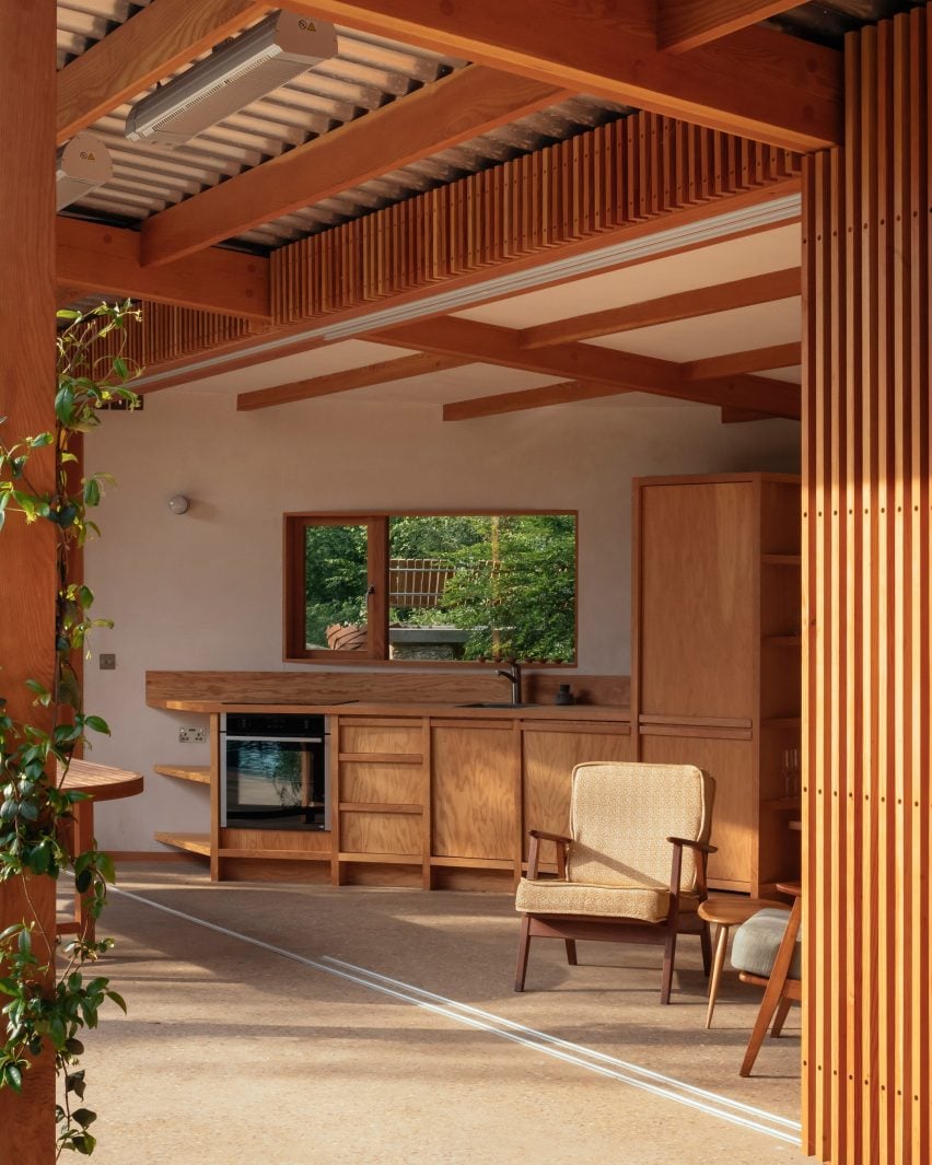 Wood-lined interior of garden pavilion by Surman Weston