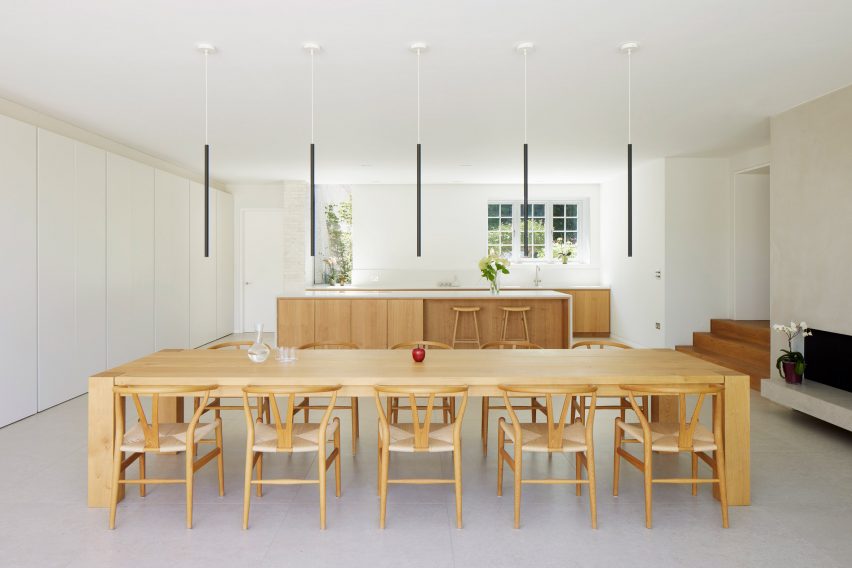 Kitchen and dining table in The Pines house extension by Ström Architects