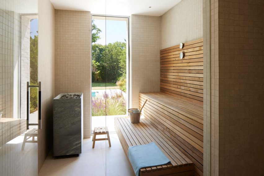 Sauna room with wooden seating