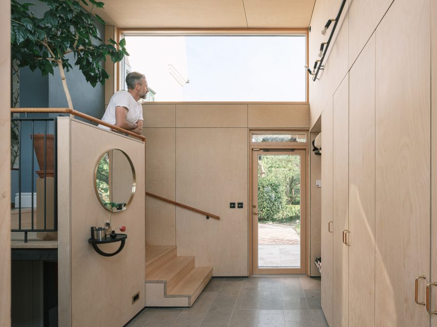 Plywood-lined hallway of Timjan Villa by Johan Sundberg Arkitektur