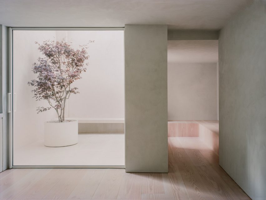 Bílý interiér s dřevěnou podlahou a velkým otvorem vedoucím na venkovní nádvoří se stromem v květináči